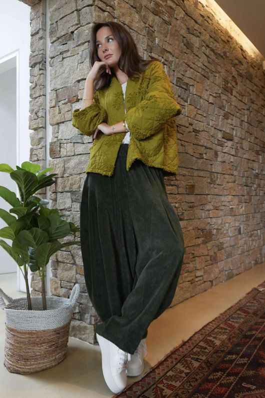 Cabbage Rose Cotton Quilted Jacket Olive